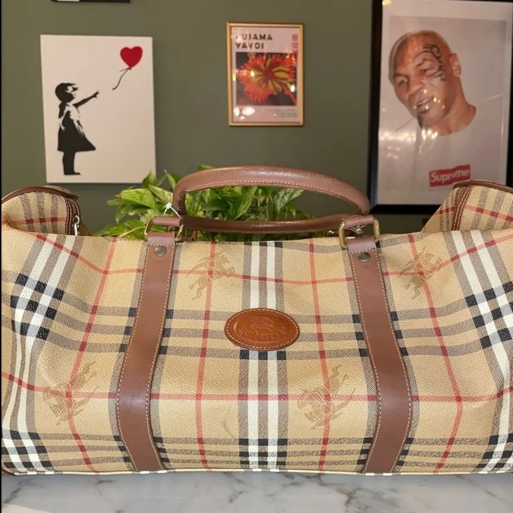 Authentic Vintage Burberrys Brown/Beige Coated Canvas & Leather Duffle Bag 50cm